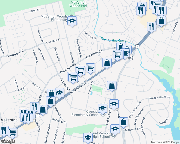 map of restaurants, bars, coffee shops, grocery stores, and more near 8168 Richmond Highway in Alexandria