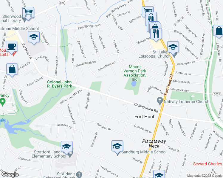 map of restaurants, bars, coffee shops, grocery stores, and more near 8133 Stacey Road in Alexandria