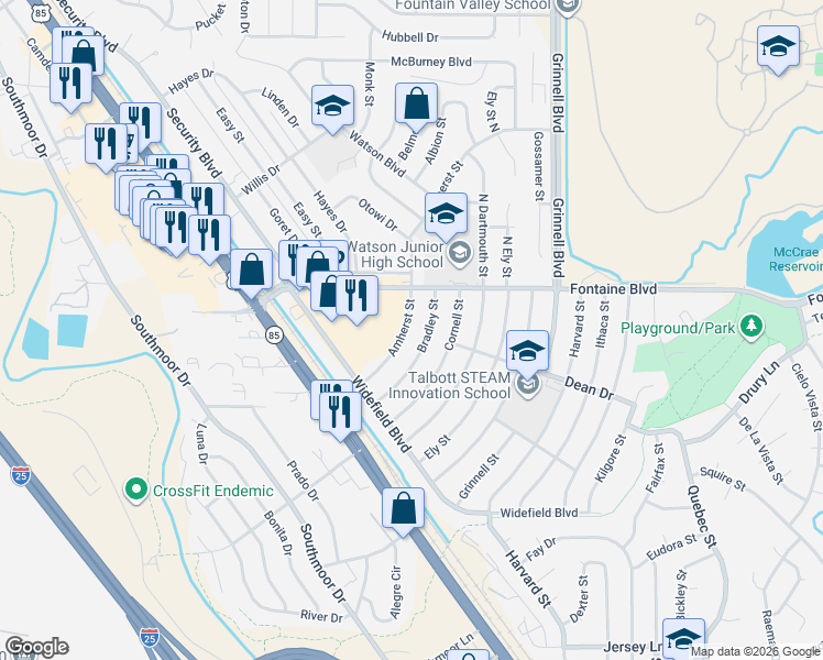 map of restaurants, bars, coffee shops, grocery stores, and more near 112 Bradley Street in Colorado Springs