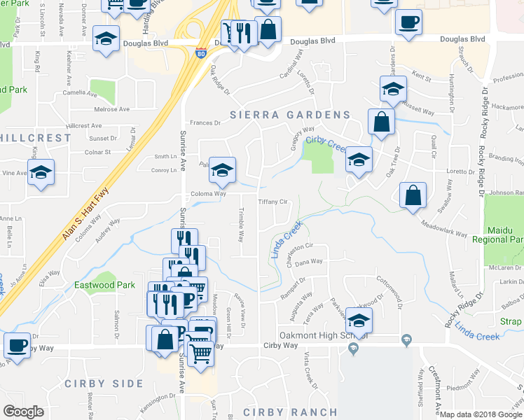 map of restaurants, bars, coffee shops, grocery stores, and more near 808 Oak Ridge Drive in Roseville