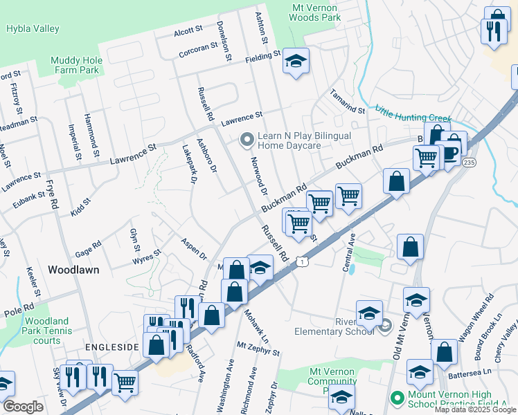 map of restaurants, bars, coffee shops, grocery stores, and more near 8121 Russell Road in Alexandria