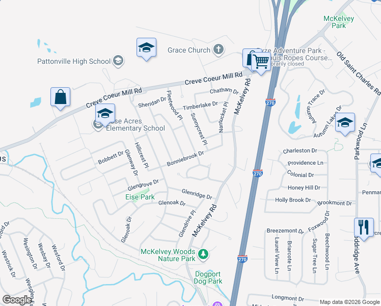 map of restaurants, bars, coffee shops, grocery stores, and more near 2593 Bonniebrook Drive in Maryland Heights