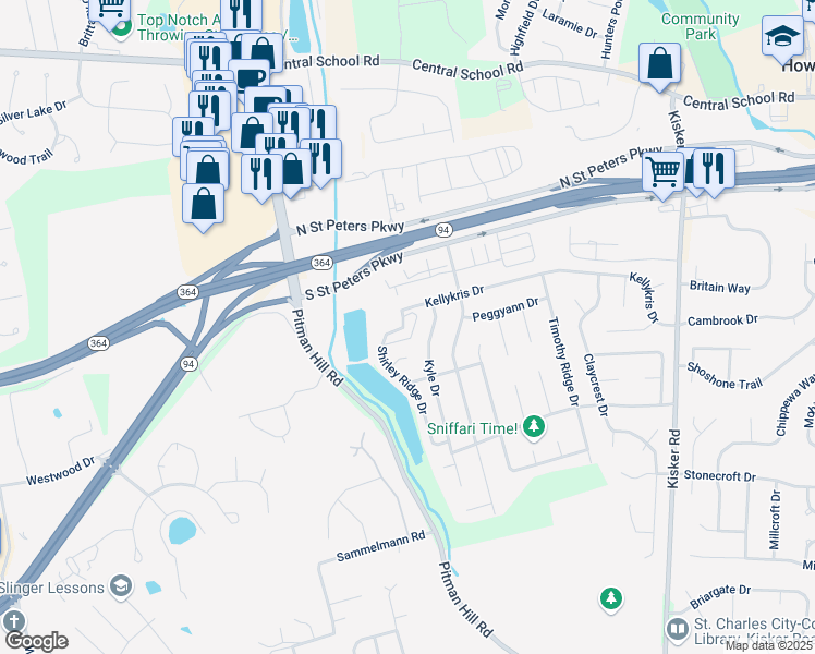 map of restaurants, bars, coffee shops, grocery stores, and more near 127 Shirleyridge Drive in Saint Charles