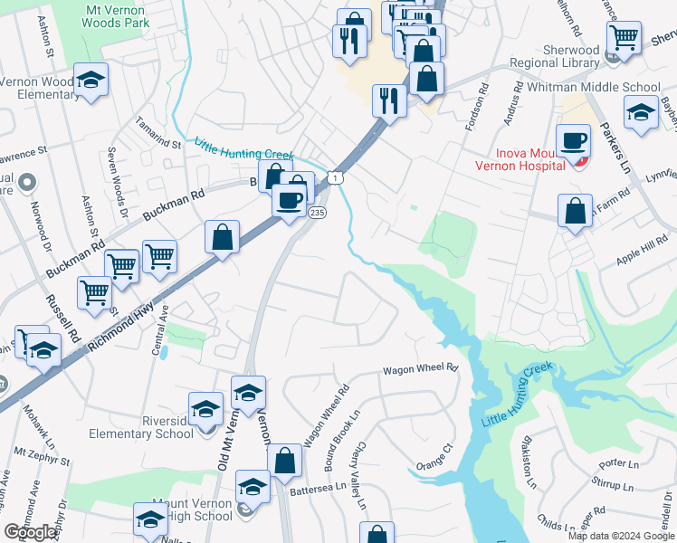 map of restaurants, bars, coffee shops, grocery stores, and more near 3411 Little Hunting Creek Drive in Alexandria