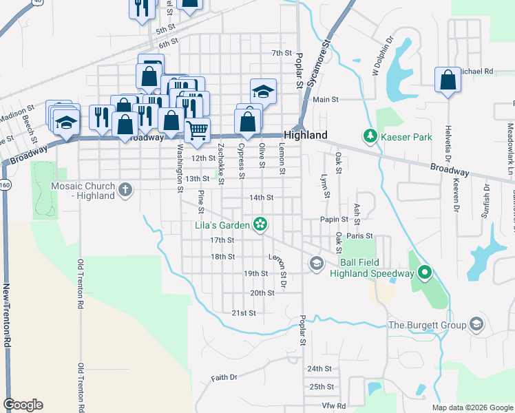 map of restaurants, bars, coffee shops, grocery stores, and more near 1412 Olive Street in Highland