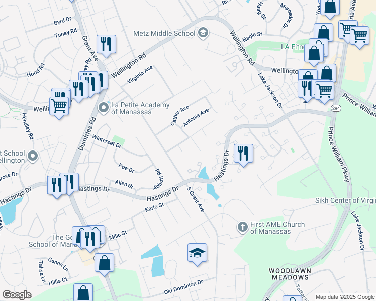 map of restaurants, bars, coffee shops, grocery stores, and more near 10141 Springhouse Court in Manassas