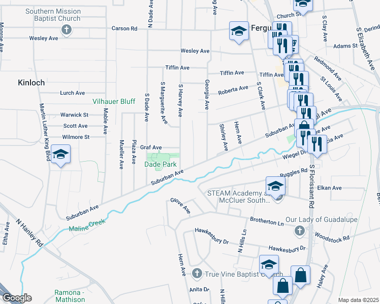 map of restaurants, bars, coffee shops, grocery stores, and more near 417 Jean Avenue in Ferguson