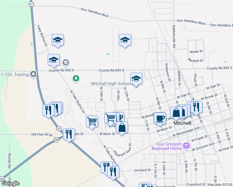 map of restaurants, bars, coffee shops, grocery stores, and more near 11 Meadow Moor Way in Mitchell
