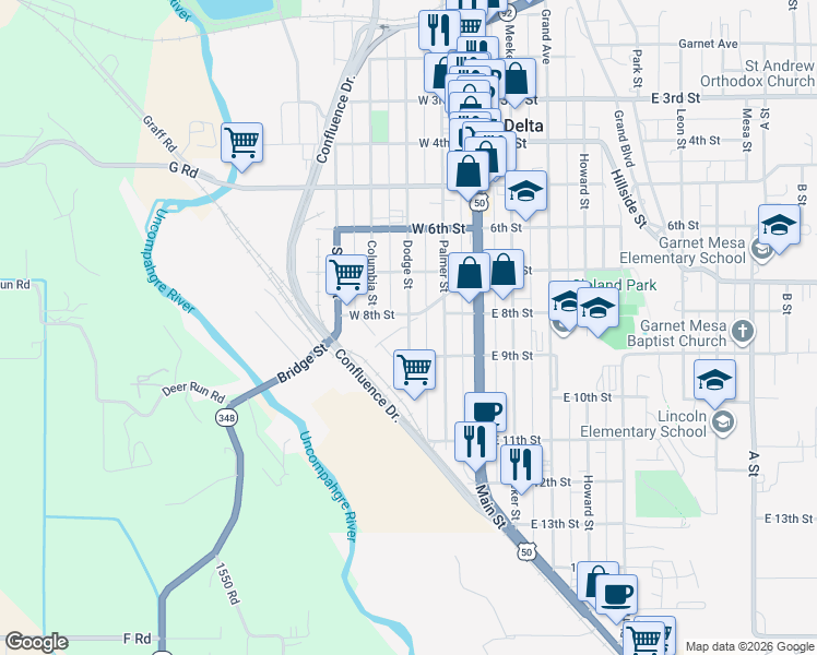 map of restaurants, bars, coffee shops, grocery stores, and more near 841 Dodge Street in Delta