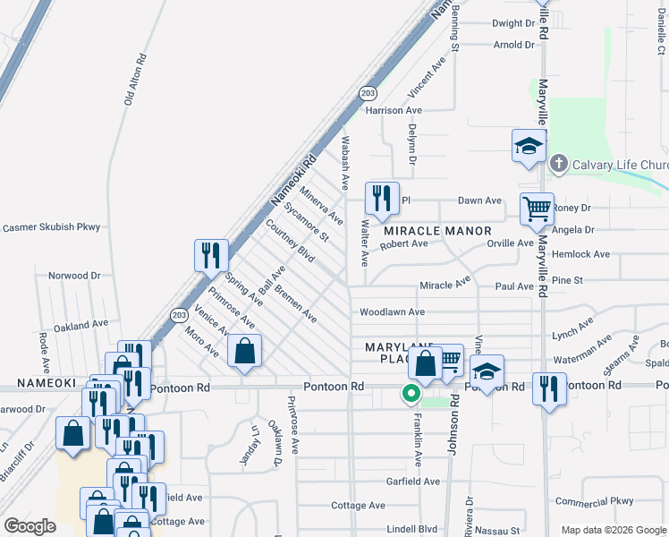 map of restaurants, bars, coffee shops, grocery stores, and more near 1741 Courtney Boulevard in Granite City