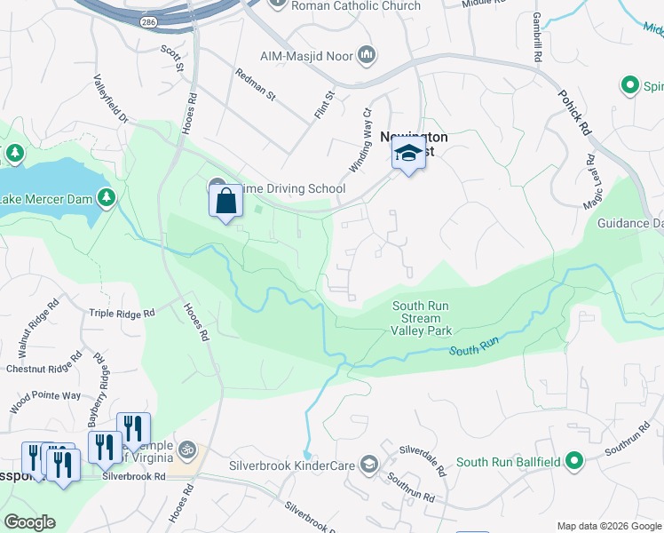 map of restaurants, bars, coffee shops, grocery stores, and more near 8669 Rising Creek Court in Springfield