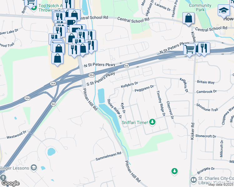 map of restaurants, bars, coffee shops, grocery stores, and more near 127 Shirleyridge Drive in Saint Charles