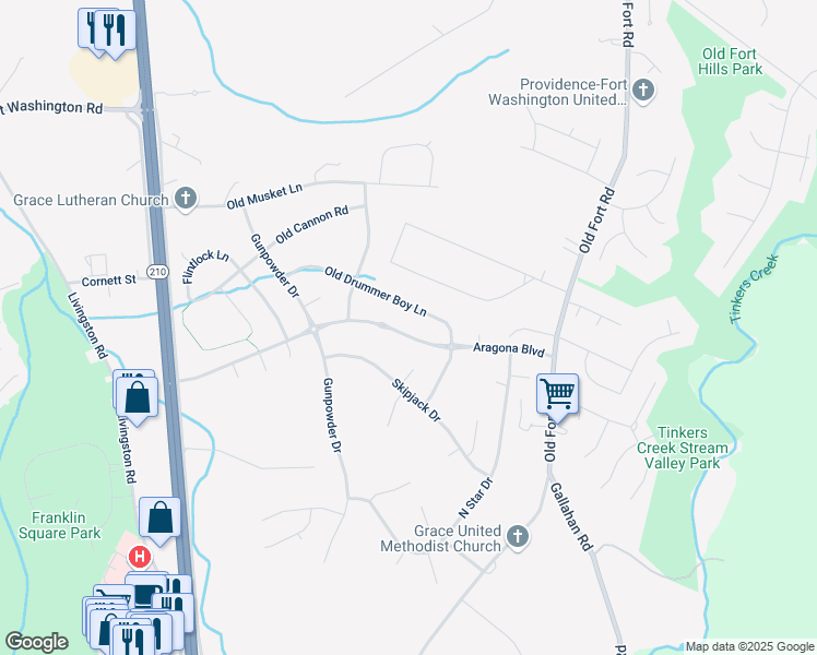 map of restaurants, bars, coffee shops, grocery stores, and more near 1600 Aragona Boulevard in Fort Washington