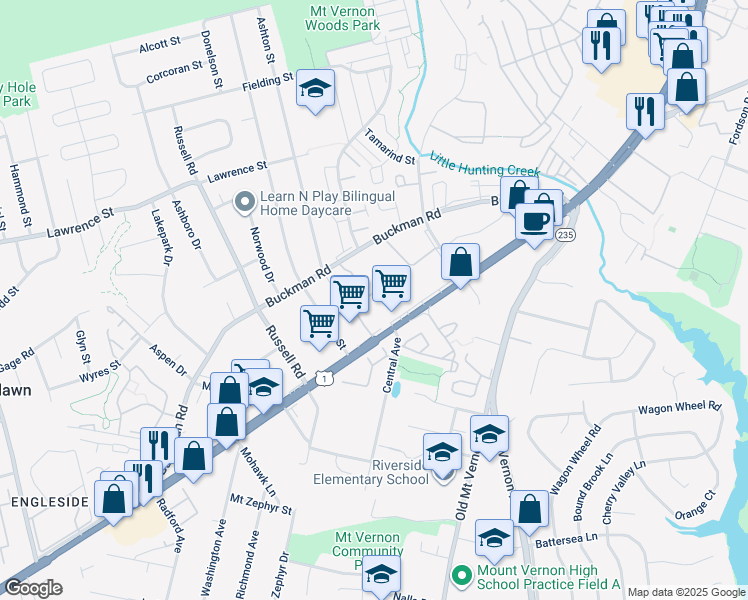 map of restaurants, bars, coffee shops, grocery stores, and more near 3737 Roxbury Lane in Alexandria