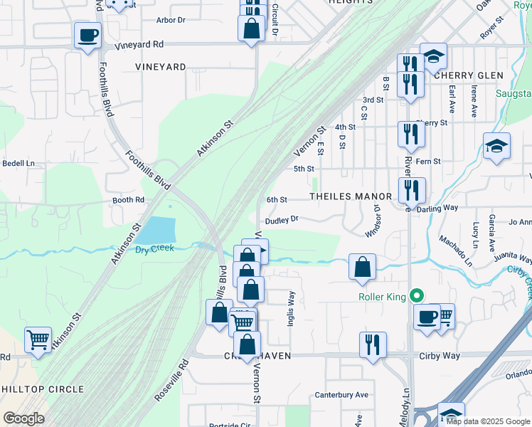 map of restaurants, bars, coffee shops, grocery stores, and more near 606 Wemberly Drive in Roseville
