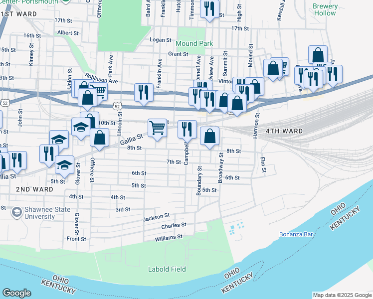 map of restaurants, bars, coffee shops, grocery stores, and more near 813 Campbell Avenue in Portsmouth