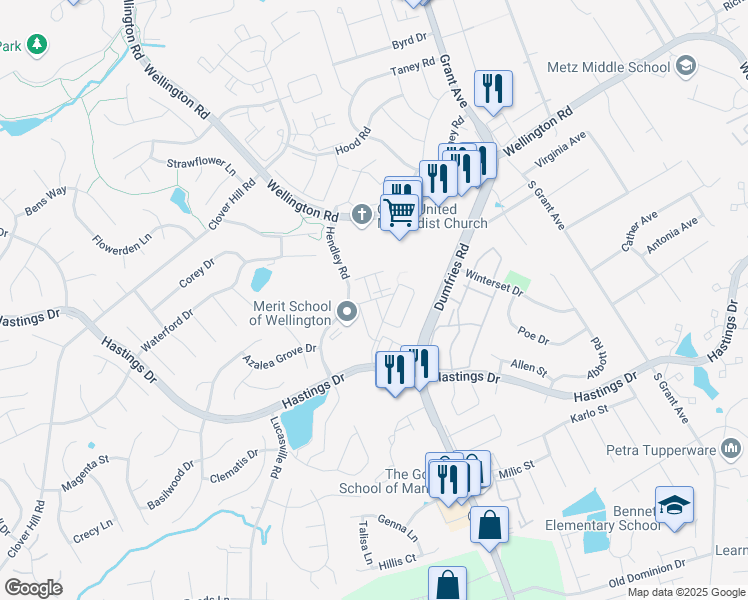 map of restaurants, bars, coffee shops, grocery stores, and more near Charleston Drive in Manassas