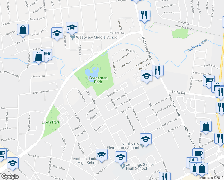 map of restaurants, bars, coffee shops, grocery stores, and more near 8911 Sumter Drive in Jennings