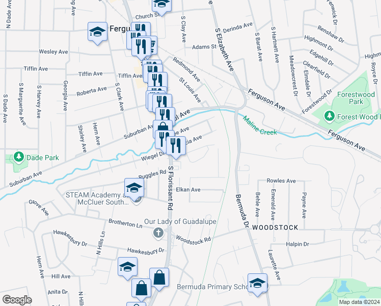 map of restaurants, bars, coffee shops, grocery stores, and more near 32 Arbor Village Court in Ferguson
