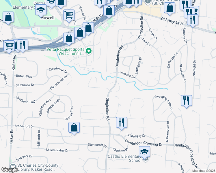 map of restaurants, bars, coffee shops, grocery stores, and more near 1306 Pine Bluff Drive in Saint Charles