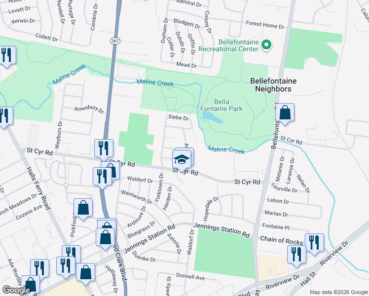map of restaurants, bars, coffee shops, grocery stores, and more near 1131 Jolene Drive in St. Louis