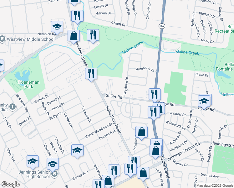 map of restaurants, bars, coffee shops, grocery stores, and more near 2441 Saint Cyr Road in Jennings