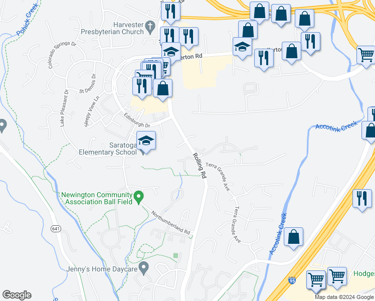 map of restaurants, bars, coffee shops, grocery stores, and more near 7703 Tanner Robert Court in Springfield
