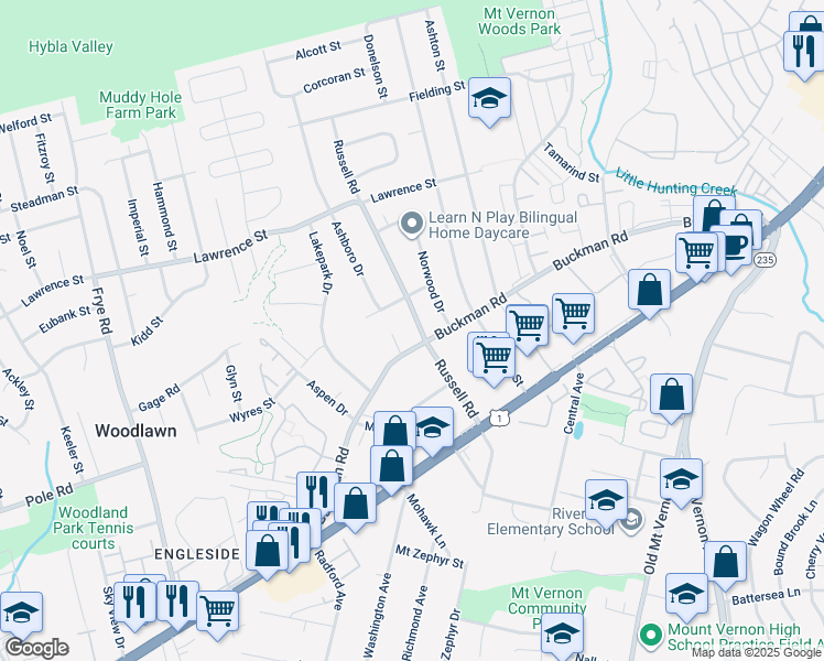 map of restaurants, bars, coffee shops, grocery stores, and more near 8118 Russell Road in Alexandria