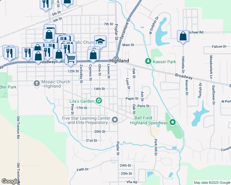 map of restaurants, bars, coffee shops, grocery stores, and more near 1410 Poplar Street in Highland