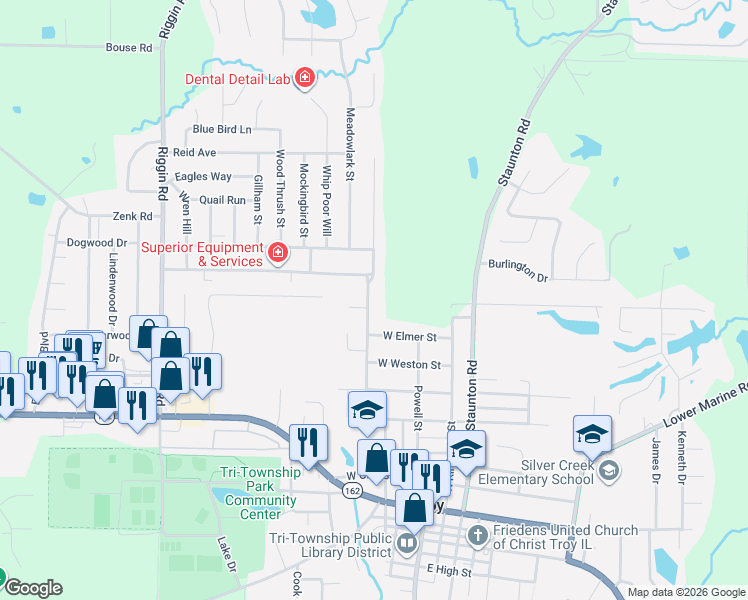 map of restaurants, bars, coffee shops, grocery stores, and more near 425 Franklin Street in Troy