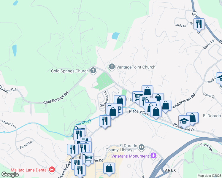 map of restaurants, bars, coffee shops, grocery stores, and more near 2994 Spring View Lane in Placerville