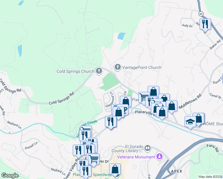 map of restaurants, bars, coffee shops, grocery stores, and more near 2994 Spring View Lane in Placerville