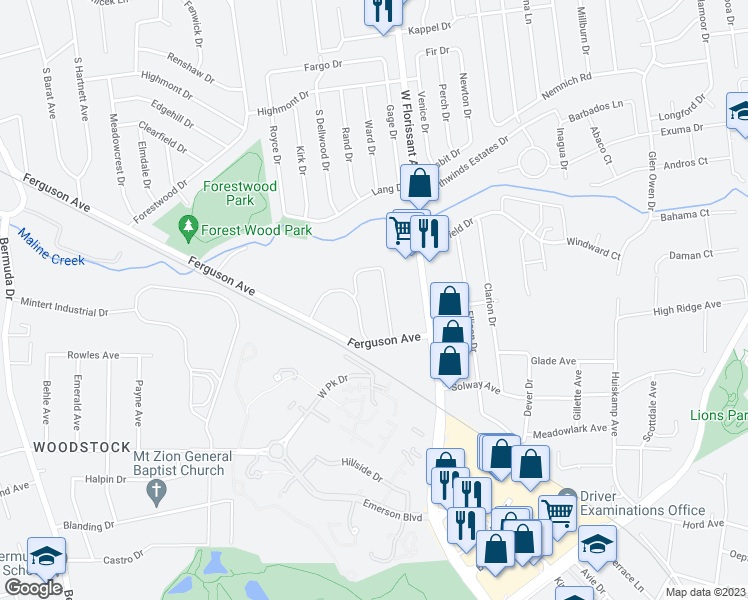 map of restaurants, bars, coffee shops, grocery stores, and more near 1371 Sharondale Circle in Ferguson