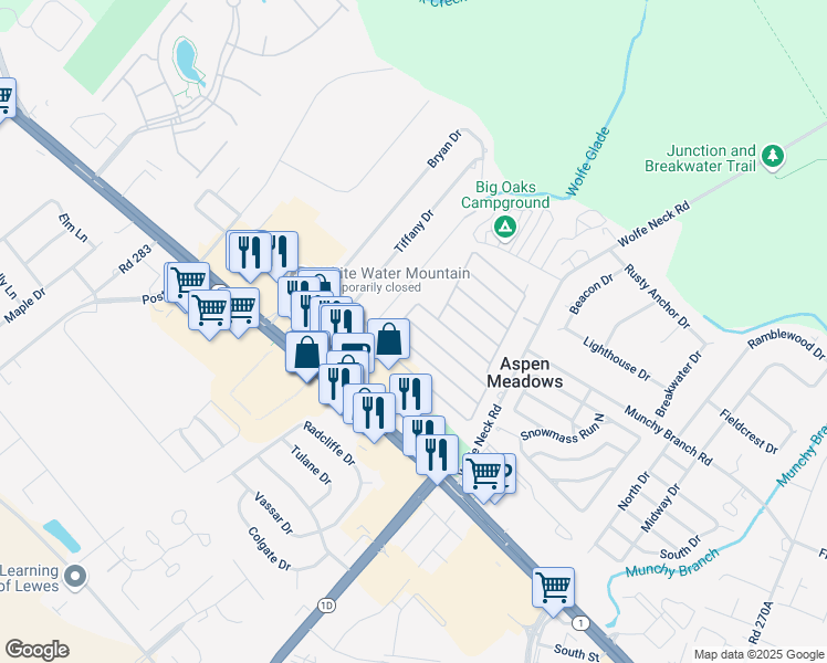 map of restaurants, bars, coffee shops, grocery stores, and more near 6 Lantern Lane in Rehoboth Beach
