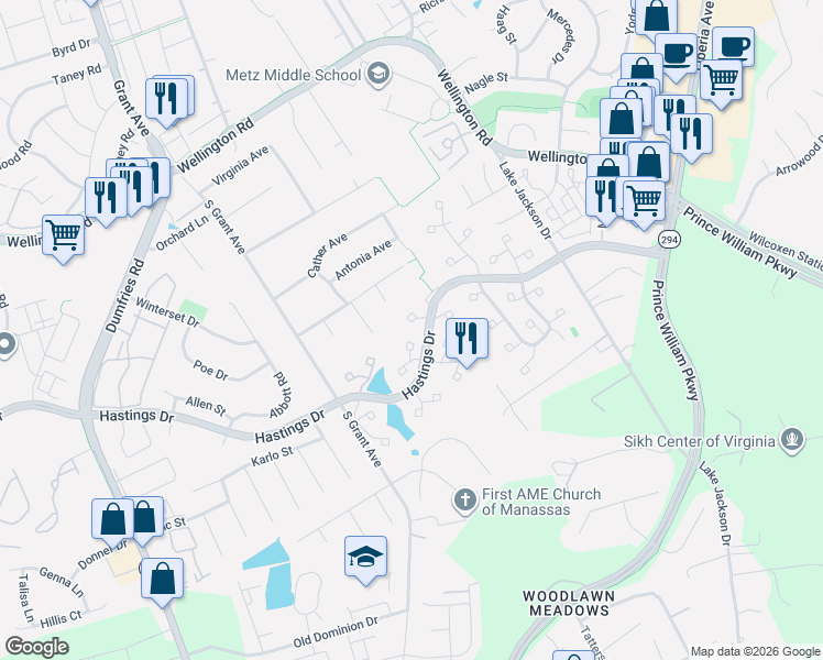 map of restaurants, bars, coffee shops, grocery stores, and more near 10282 Westwood Court in Manassas