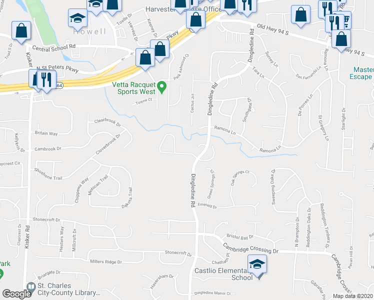 map of restaurants, bars, coffee shops, grocery stores, and more near 1306 Pine Bluff Drive in Saint Charles