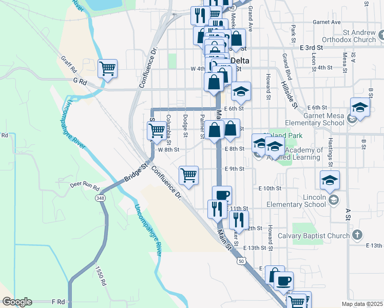 map of restaurants, bars, coffee shops, grocery stores, and more near 841-899 Dodge St in Delta