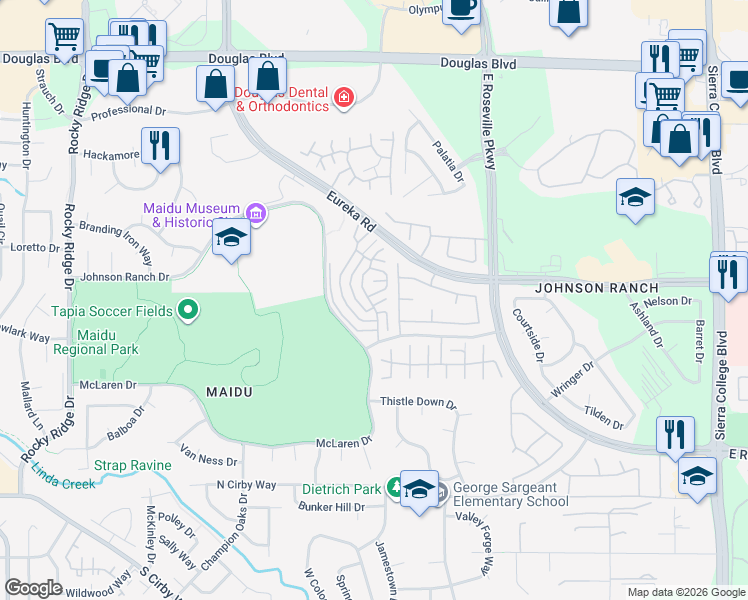 map of restaurants, bars, coffee shops, grocery stores, and more near 401 Staines Court in Roseville