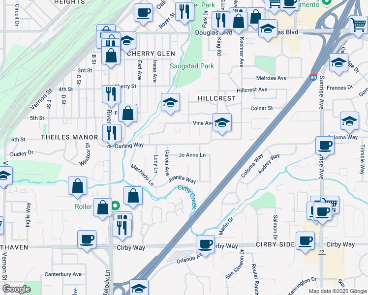map of restaurants, bars, coffee shops, grocery stores, and more near 626 Darling Way in Roseville
