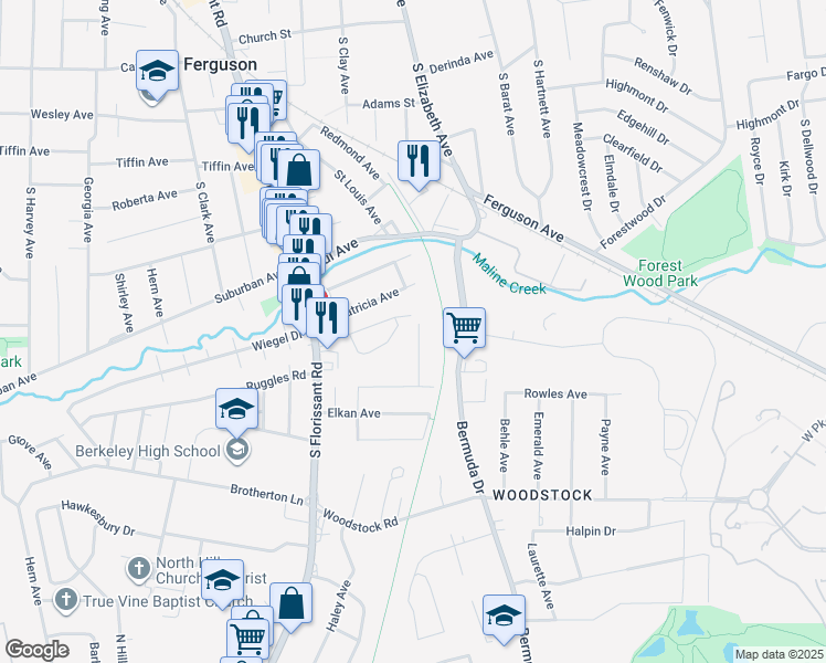 map of restaurants, bars, coffee shops, grocery stores, and more near 70 Arbor Village Court in Ferguson