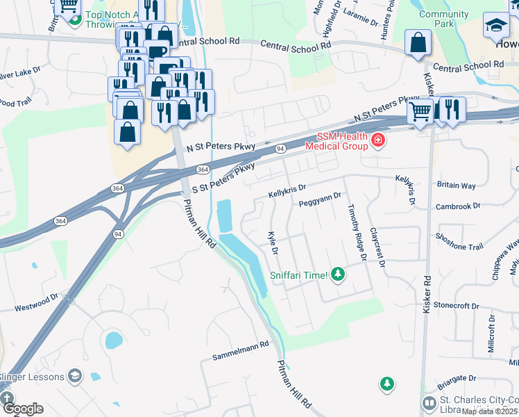 map of restaurants, bars, coffee shops, grocery stores, and more near 127 Shirleyridge Drive in Saint Charles