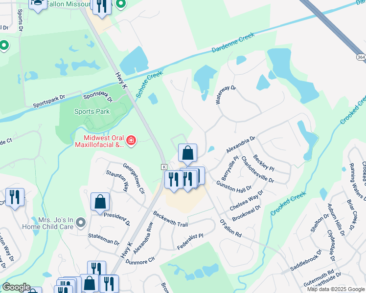 map of restaurants, bars, coffee shops, grocery stores, and more near 1700 O'Fallon Road in Saint Charles