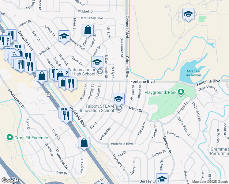 map of restaurants, bars, coffee shops, grocery stores, and more near 111 Ely Street in Colorado Springs