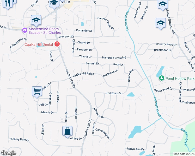 map of restaurants, bars, coffee shops, grocery stores, and more near 44 South Weston Court in Saint Charles