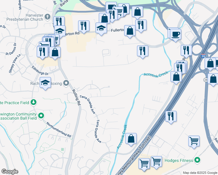 map of restaurants, bars, coffee shops, grocery stores, and more near 7521 Tralee Woods Court in Springfield