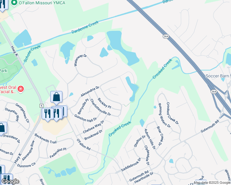 map of restaurants, bars, coffee shops, grocery stores, and more near 48 Ashlawn Court in Saint Charles