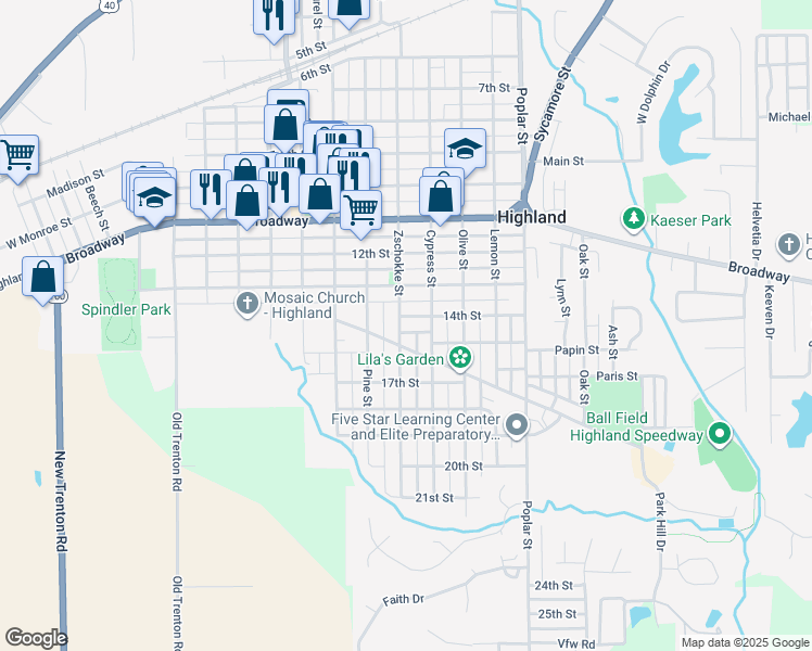 map of restaurants, bars, coffee shops, grocery stores, and more near 1200 14th Street in Highland