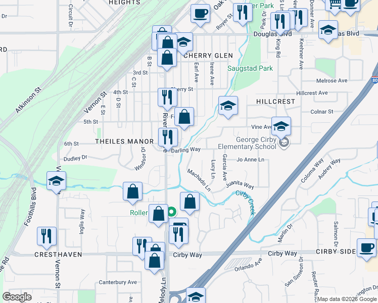 map of restaurants, bars, coffee shops, grocery stores, and more near 508 Darling Way in Roseville