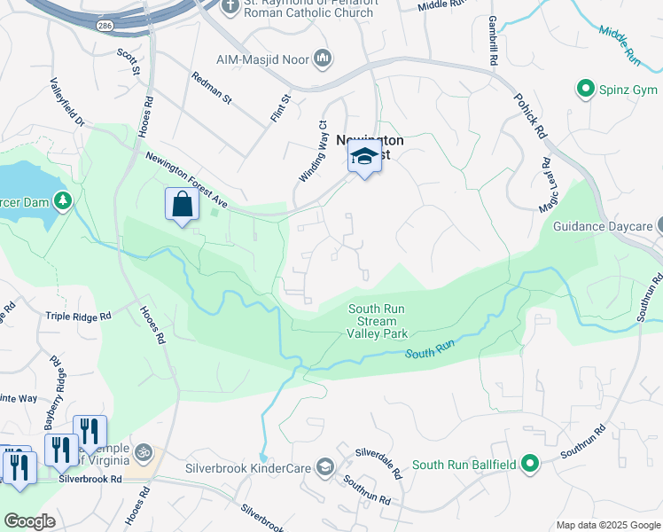 map of restaurants, bars, coffee shops, grocery stores, and more near 8172 Dark Den Circle in Springfield
