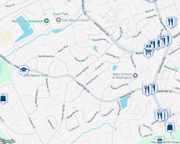 map of restaurants, bars, coffee shops, grocery stores, and more near 9446 Corey Drive in Manassas